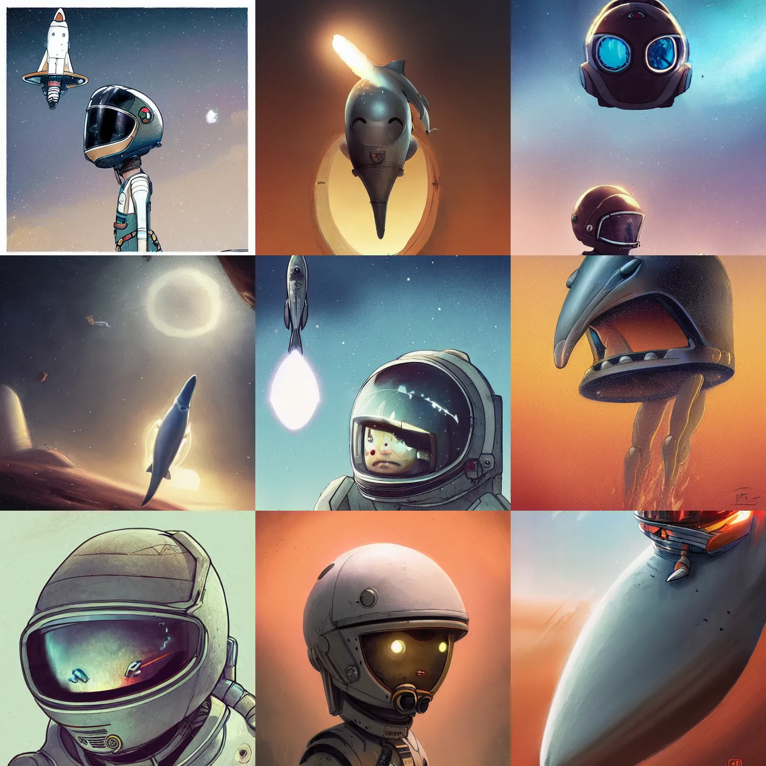 Prompt: Dolphin in a rocket ship to mars ,greg rutkowski,and Sarah Andersen,ambient style, very detailed,detailed helmet, cinematic lighting