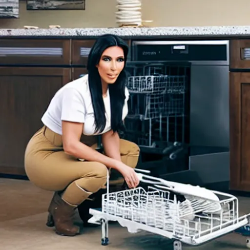 Image similar to kim kardashian fixing a dishwasher in a dirty kitchen, photorealist, ultra hd