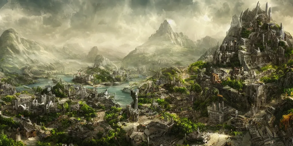 Image similar to an epic fantasy city built into the side of a mountain, white walls, white towers. farms and field at the base of the city. An ocean in the background. high fantasy detailed digital matte painting