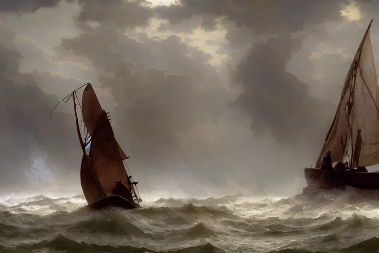 Image similar to ancient historically accurate depiction of Bible Character walking on water during a storm, a small fishing sailboat with scared sailors on board, dramatic lighting by frank miller, illustration by Ruan Jia and Mandy Jurgens and William-Adolphe Bouguereau, Artgerm, 4k, digital art, surreal, space dandy style, highly detailed, godsend, artstation, digital painting, concept art, smooth, sharp focus, illustration by Ruan Jia and Mandy Jurgens and William-Adolphe Bouguereau, Artgerm