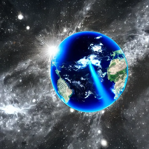 Image similar to the earth is obliterated by an Enormous alien ship shooting a plasma beam, moon pov looking down on earth