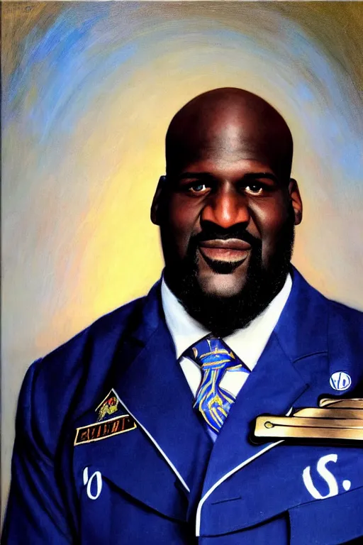 Image similar to full body portrait of shaquille o'neil as the dictator of the orlando magic, 1 8 8 9, in full military garb, magic blue, silver, and black, oil on canvas by william sidney mount, trending on artstation