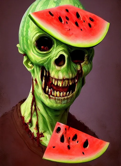 Image similar to hyper realistic photography portrait of smiling zombie with a watermelon helmet cinematic, greg rutkowski, brom, james gurney, mignola, craig mullins, artstation, cgsociety