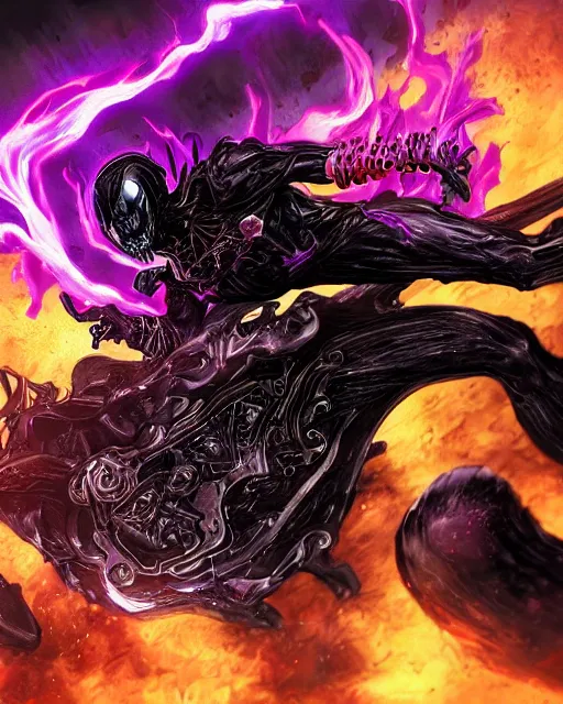 Image similar to ghost rider symbiote, purple and red variant, dynamic lighting, fantasy concept art, trending on art station, stunning visuals, creative, cinematic, ultra detailed, comic strip style