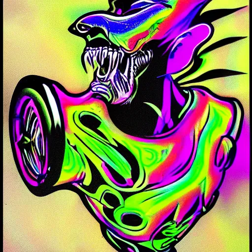 Image similar to psychedelic blacklight airbrush art of an orc riding a motorcycle, stylized, radical 90s, soft edges, smooth gradients,