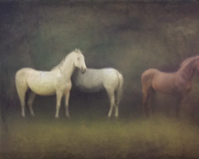 Image similar to a blurry photo of two horses in a field, a cave painting by Richter, deviantart, figurative art, multiple exposure, calotype, genderless