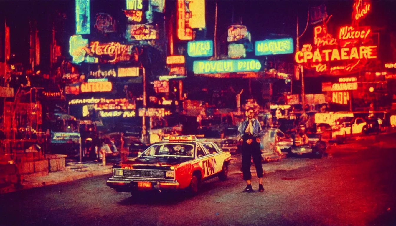 Prompt: 8 0 s polaroid photo, cinema still from movie taxi driver, sleazy man watching night streets, neon signs, colorful haze, americana, high production value, 8 k resolution, hyperrealistic, photorealistic, high definition, high details, tehnicolor, award - winning photography, masterpiece, amazing colors