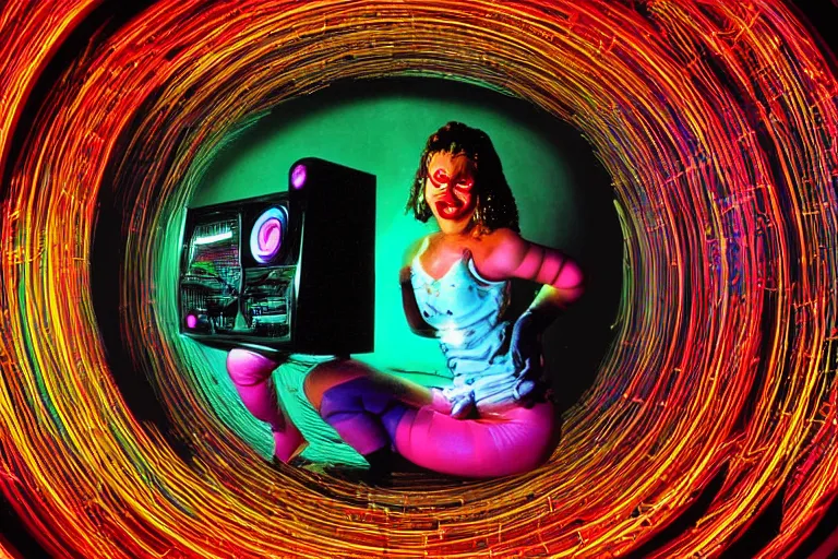 Image similar to friendly cyborg - clowngirl emerging from a space portal in cyberspace, fractaling outwards, in 1 9 8 5, y 2 k cutecore clowncore, bathed in the glow of a crt television, crt screens in background, low - light photograph, in style of tyler mitchell