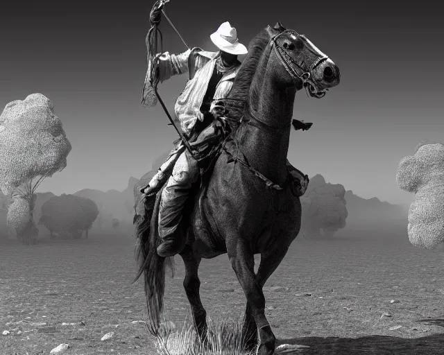 Image similar to a black and white photo of a man on a horse, an ambient occlusion render by frederic remington, cgsociety contest winner, fantasy art, matte drawing, vray, matte painting