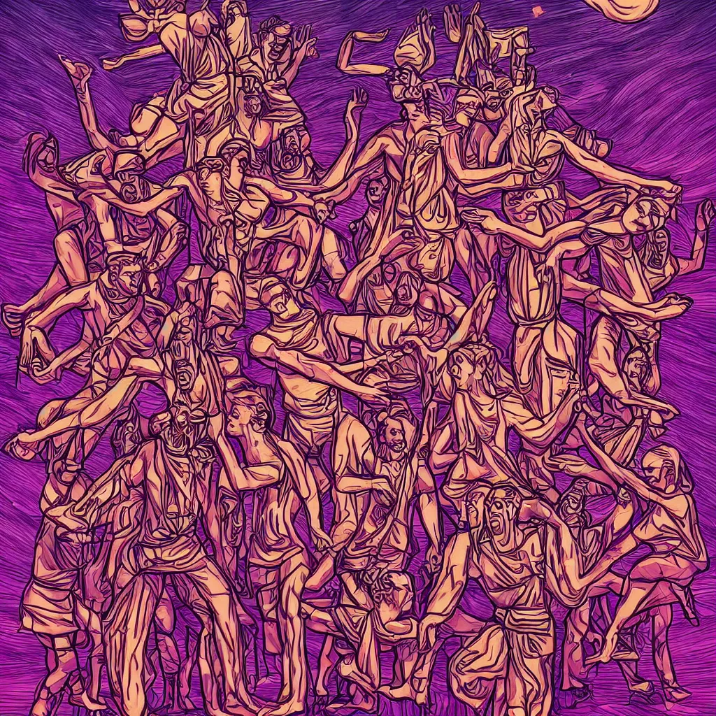 Image similar to a wooden slavic totem of piorun god surrounded by dancing people, synthwave style digital art picture