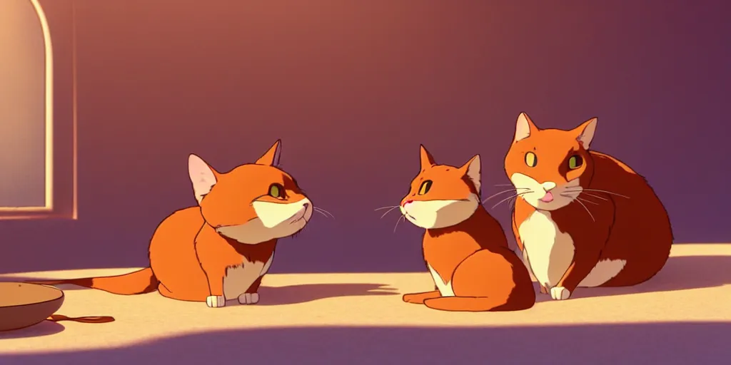 Prompt: a wholesome animation key shot of a brown cat and a grey cat napping in the sun studio ghibli pixar and disney animation sharp render