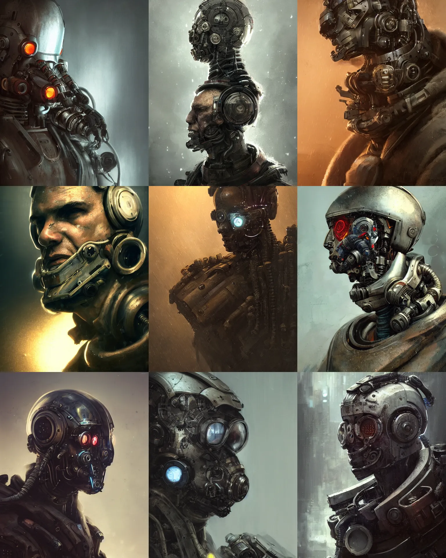 Prompt: a rugged research engineer man with cybernetic enhancements, detailed mask, scifi character portrait by greg rutkowski, esuthio, craig mullins, 1 / 4 headshot, cinematic lighting, dystopian scifi gear, gloomy, profile picture, mechanical, half robot, implants, steampunk, warm colors