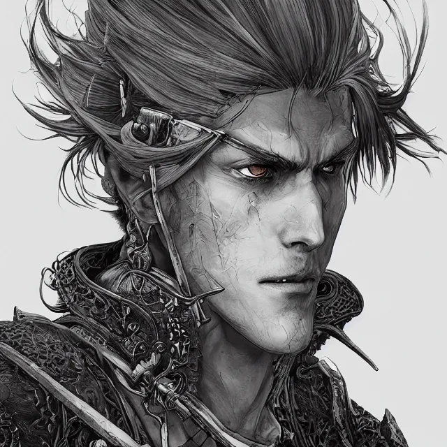 Image similar to the portrait of neutral evil fallen knight vagabond as absurdly beautiful, conniving, elegant, jaded, woman, an ultrafine hyperdetailed illustration by kim jung gi, irakli nadar, intricate linework, bright colors, octopath traveler, final fantasy, unreal engine 5 highly rendered, global illumination, radiant light, detailed and intricate environment