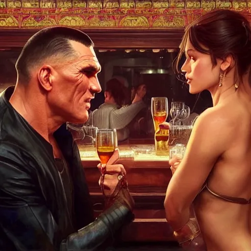 Image similar to vinnie jones flirting with shah rukh khann in a pub, real life skin, intricate, elegant, highly detailed, artstation, concept art, smooth, sharp focus, art by artgerm and greg rutkowski and alphonse mucha