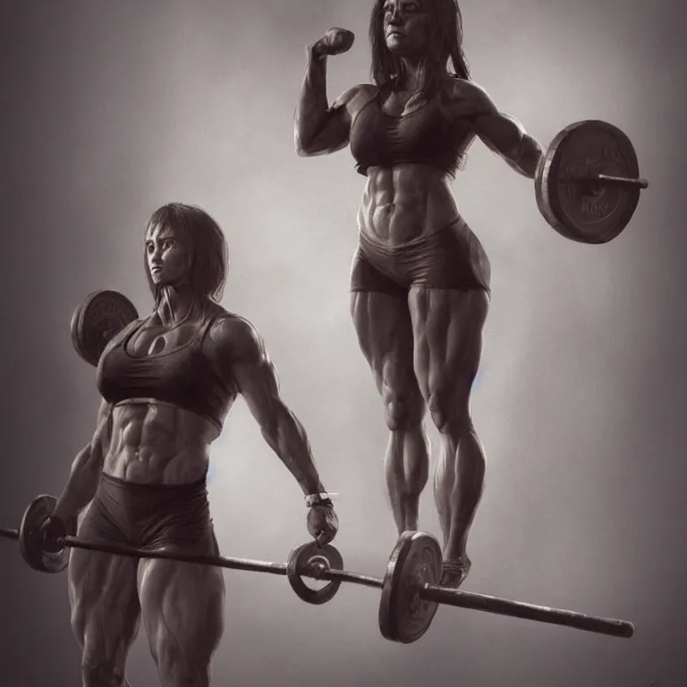 Image similar to woman weight lifter, 3 d render, dark art greg rutkowski