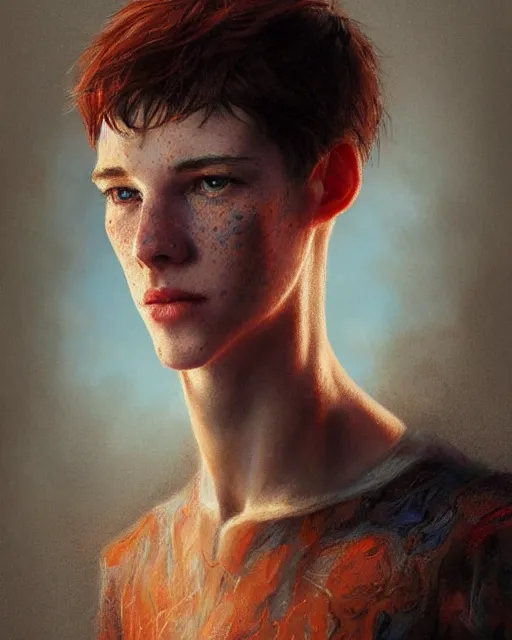 Image similar to portrait of tall, thin, 1 5 - year - old boy with a long nose, a lot of freckles, fiery red hair, and bright blue eyes, hyper realistic face, beautiful eyes, fantasy art, in the style of greg rutkowski, intricate, hyper detailed, smooth