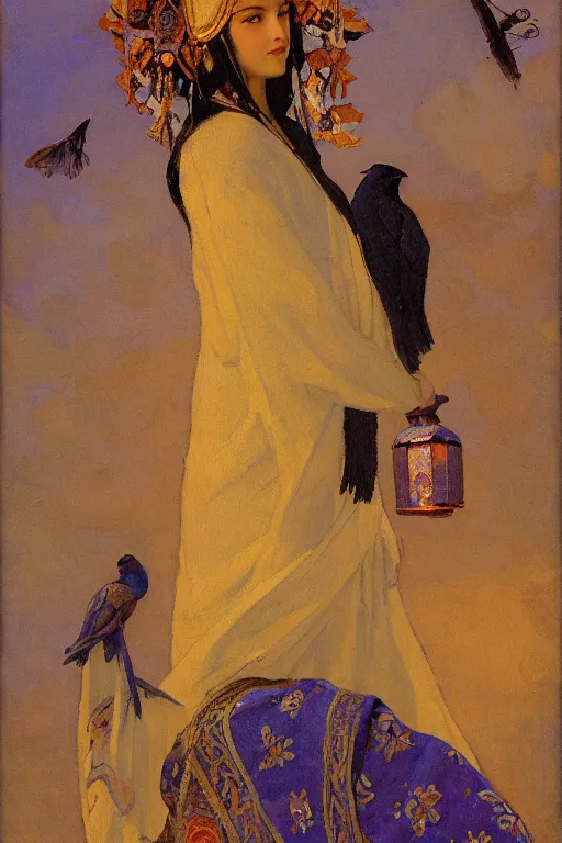 Image similar to queen of the dawn with her lantern and birds, by Nicholas Roerich and Gaston Bussière, elaborate headdress and embroidered velvet, iridescent beetles, rich color, dramatic cinematic lighting, extremely detailed