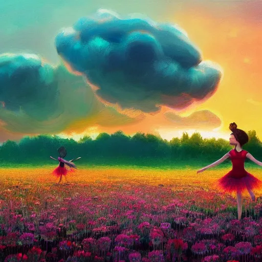 Image similar to giant daisy flower as head, girl ballet dancing in a flower field, surreal photography, sunrise, dramatic light, impressionist painting, colorful clouds, digital painting, artstation, simon stalenhag