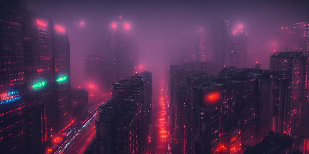 Image similar to megacity streets seen from above, neon signs, giant screens, eerie fog, blade runner, ex machina