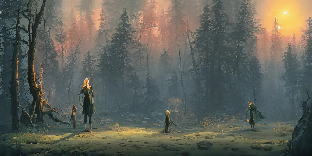Prompt: A fantasy painting with a woman in a beautiful fantasy environment by michael whelan and simon stålenhag