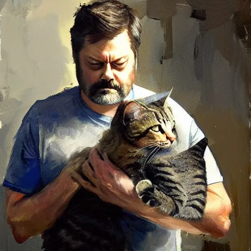 Prompt: nick offerman with body of a cat, jeremy mann painting