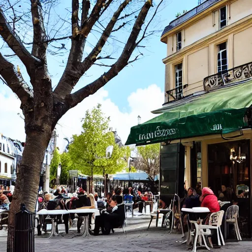 Prompt: people sit outside a a parisian cafe. a silver birch tree is in the foreground an it is a sunny afternoon