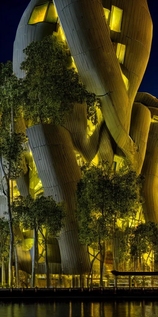 Prompt: high quality photo of biomorphic architecture with brutalist buildings and iridescent vegetation in Saint Petersburg at night cinematic lighting