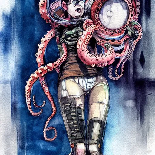 Prompt: Octopus girl playing R&R drum kit, cyberpunk, realistic, detailed, Industrial Scifi, paint, watercolor, in the style of Ashley Wood and Wadim Kashin