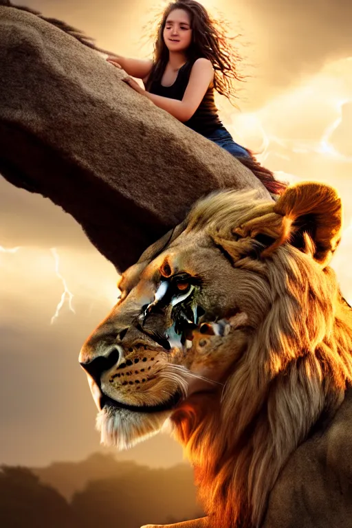 Image similar to girl riding on a lion, 2 0 year old girl, girl sitting on the lion, lion roaring, extremely detailed, high quality, cinematic, dramatic lightning, photo realistic, beautiful face, highly detailed face, 4 k