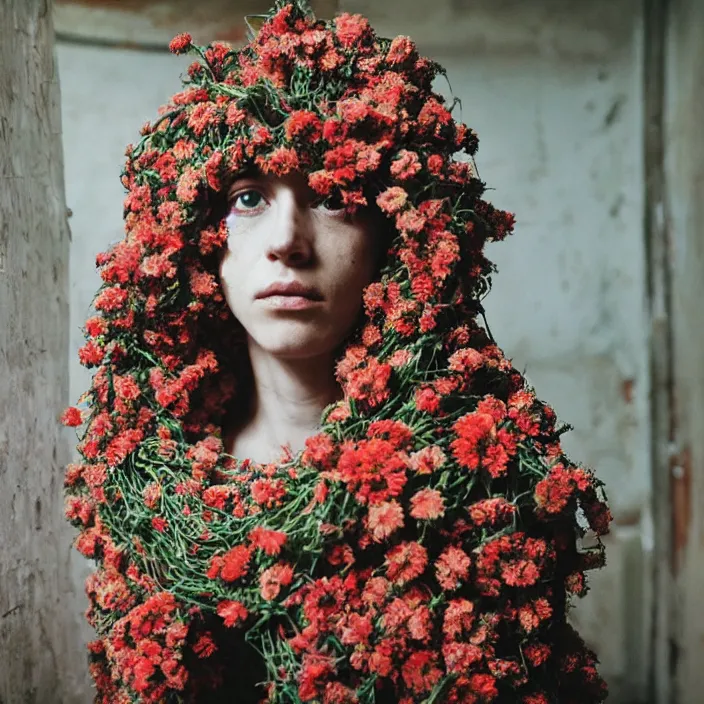 Prompt: a closeup portrait of a woman wearing a hooded cloak made of zinnias and barbed wire, in a derelict house, by Petra Collins, natural light, detailed face, CANON Eos C300, ƒ1.8, 35mm, 8K, medium-format print