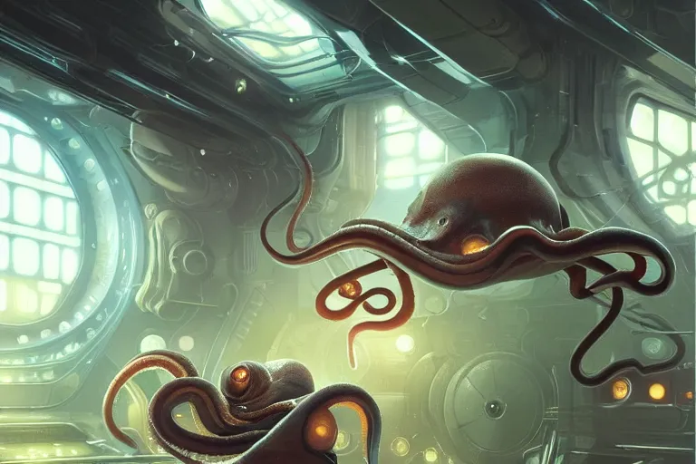 Image similar to adorable baby octopus in a space station, elegant, intricate, retrofuturistic digital painting, artstation, concept art, smooth, sharp focus, illustration, art by artgerm and greg rutkowski and alphonse mucha