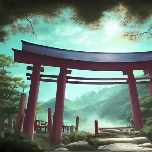 Prompt: shinto shrine, matte painting by crazy earl, artstation