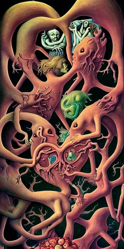 Image similar to mythical creatures and monsters in the visceral anatomical human heart imaginal realm of the collective unconscious, in a dark surreal painting by johfra, mc escher and ronny khalil