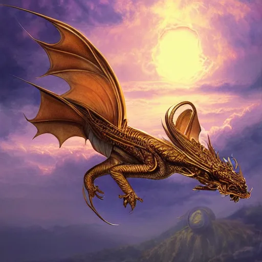 Prompt: golden queen dragon from Dragonriders of Pern, flying through sunset, art, fantasy, intricate, elegant, highly detailed, digital painting, trending on artstation, concept art, smooth, sharp focus, hyperrealistic, illustration, art by Loish and WLOP