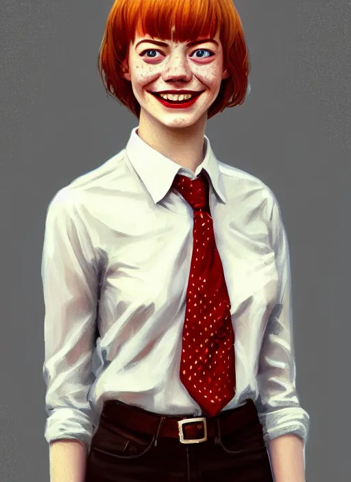 Image similar to portrait of teenage emma stone, freckles, middle part haircut, ginger hair, white shirt and red tie, smiling kindly, friendly, 1 9 7 0 s, intricate, elegant, glowing lights, highly detailed, digital painting, artstation, concept art, smooth, sharp focus, illustration, art by wlop, mars ravelo and greg rutkowski