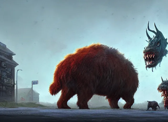 Prompt: giant monstrous aggressive furry creature lurking over a cowering smaller creature, in the foreground a small town, epic science fiction horror digital matte painting by Simon Stalenhag and Mark Brooks (and Greg Rutkowski), extremely detailed, artstation