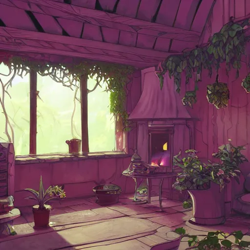 Image similar to concept art painting of a interior of a cozy alien fantasy cottage, with black vines and magenta houseplants, realistic, detailed, cel shaded, dark, in the style of makoto shinkai and greg rutkowski and james gurney