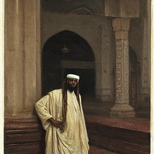 Prompt: a man with somali facial features, long curly hair, on a simple background, inside a masjid, by frederick arthur bridgman