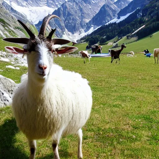 Image similar to dragonfly in a bathtub in the alps, goats!!!!!!!! goat!! sheep!!! in background