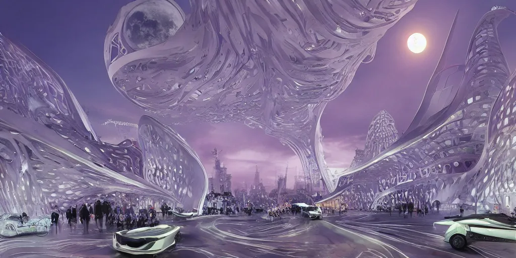 Prompt: fantasy city with moon by zaha Hadid with crowded street trending on artsation