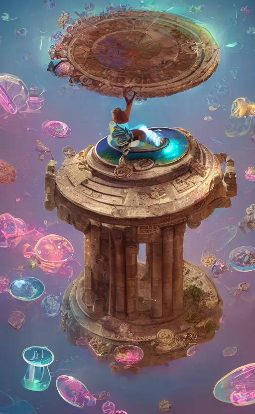 Image similar to tiny skateboard, roman temple, floating, rbc, bunny, radiolaria, protophyta, micro - organisms, center frame, symmetric, rim light, marine microbiology, bioluminescence, electric, fur, soft, concept art, intricate details, highly detailed, colorful, photorealistic, disney pixar, octane render, iridescent, anime, 8 k