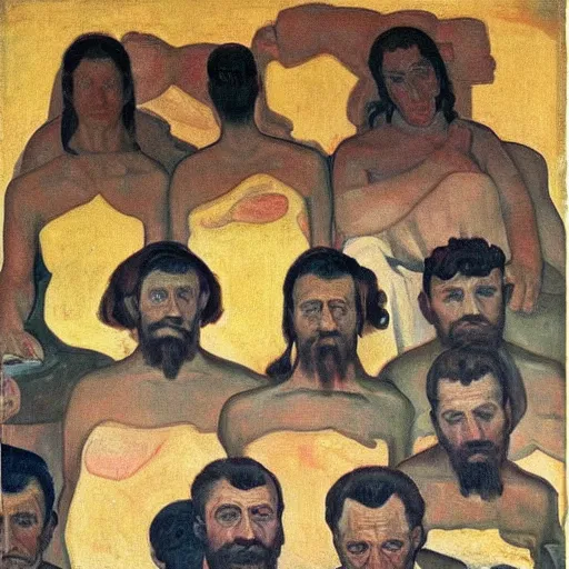 Image similar to faces of anxiet, xanax, painted by ferdinand hodler