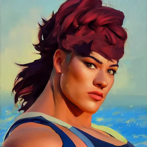 Image similar to greg manchess portrait of thick muscular weightlifter zarya from overwatch with ponytail wearing beach hat, medium shot, asymmetrical, profile picture, organic painting, sunny day, matte painting, bold shapes, hard edges, street art, trending on artstation, by huang guangjian and gil elvgren and sachin teng