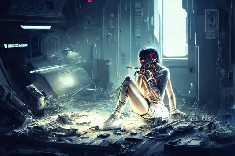 Image similar to Ultra realistic illustration, beautiful alluring damaged cyborg sitting on the floor of a destroyed spaceship, smoking a cigarette while being put back together in an super advanced military medical bay, cyberpunk, sci-fi, fantasy, sparks, small flames, smoke, intricate, elegant, highly detailed, digital painting, artstation, concept art, smooth, sharp focus, illustration, gorgeous cinematic lighting, art by artgerm and greg rutkowski and alphonse mucha