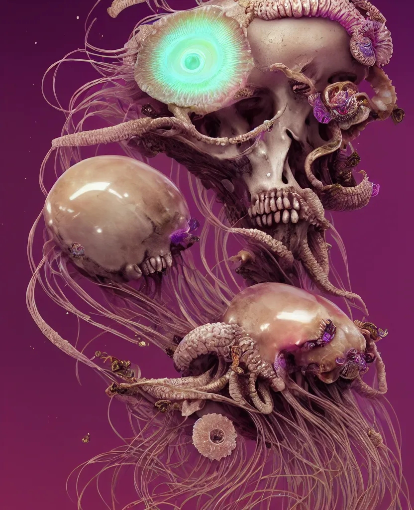 Image similar to goddess princess face close-up portrait ram skull. jellyfish phoenix head, nautilus, orchid, skull, betta fish, bioluminiscent creatures, intricate artwork by Tooth Wu and wlop and beeple. octane render, trending on artstation, greg rutkowski very coherent symmetrical artwork. cinematic, hyper realism, high detail, octane render, 8k