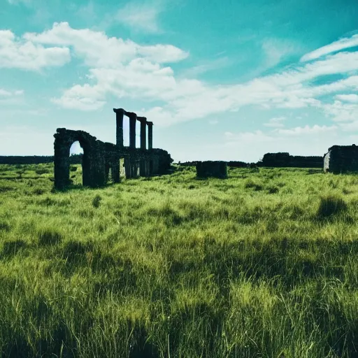 Prompt: grasslands, ruins!!!! ( ( ( ( ( ( small town ) ) ) ) ) ), [ 4 k photorealism ]!!!, trending on unsplash, intricate, zoomed out photography