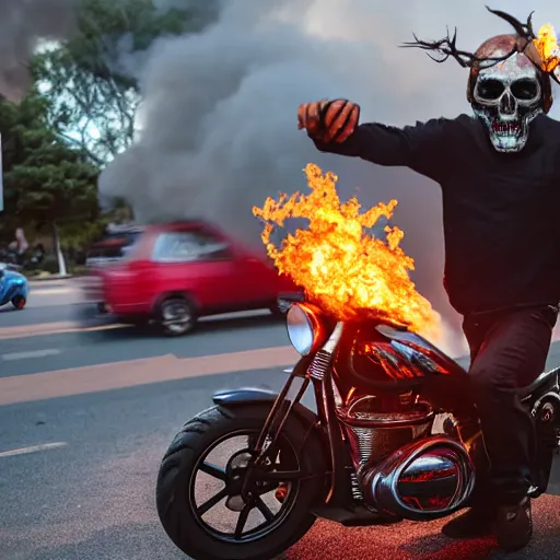 Image similar to a man with a burning skull head riding a flaming motercycle