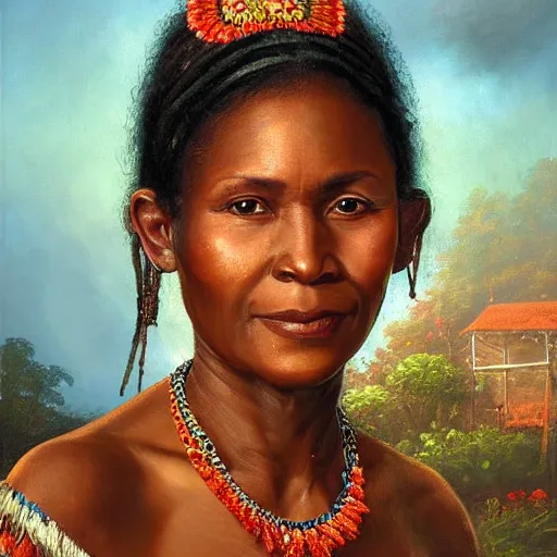 Prompt: portrait of a surinam woman ( 3 5 ) from suriname in 2 0 2 1, an oil painting by ross tran and thomas kincade