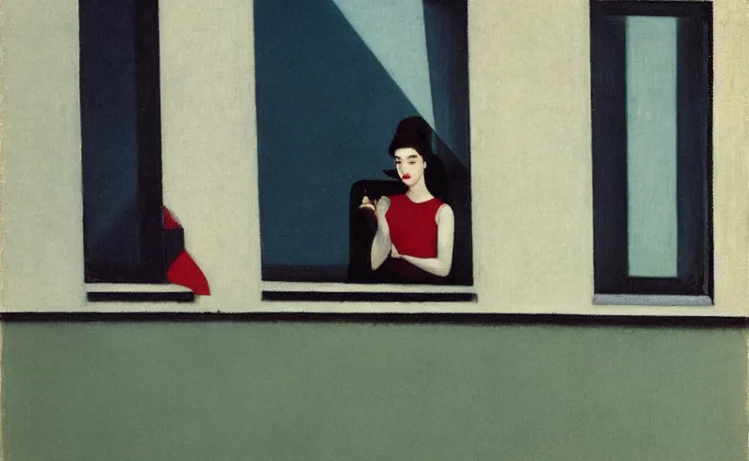 Image similar to a young brunette woman smoking out of the window of a bauhaus building, in the style of edward hopper, sad, lonely