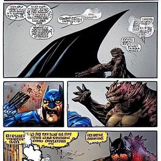 Prompt: when suddenly batman burst from the shade and hit godzilla with a bat grenade